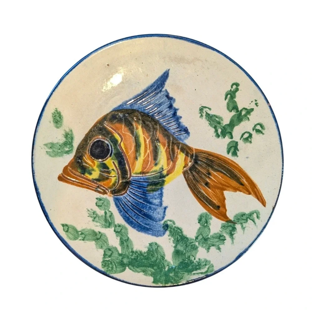 Vintage Puigdemont Fish Plate Mid Century Spanish Art Pottery Majolica Glazed 9